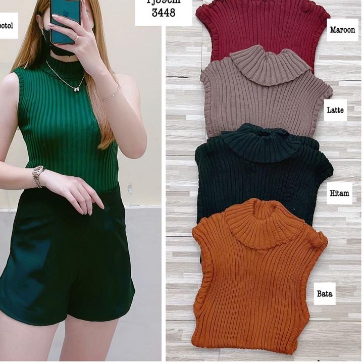 Lexbong Turtle Neck Tanktop Rajut - Kerah Tinggi Rajut Wanita - Tank Top Yukensi Tearu