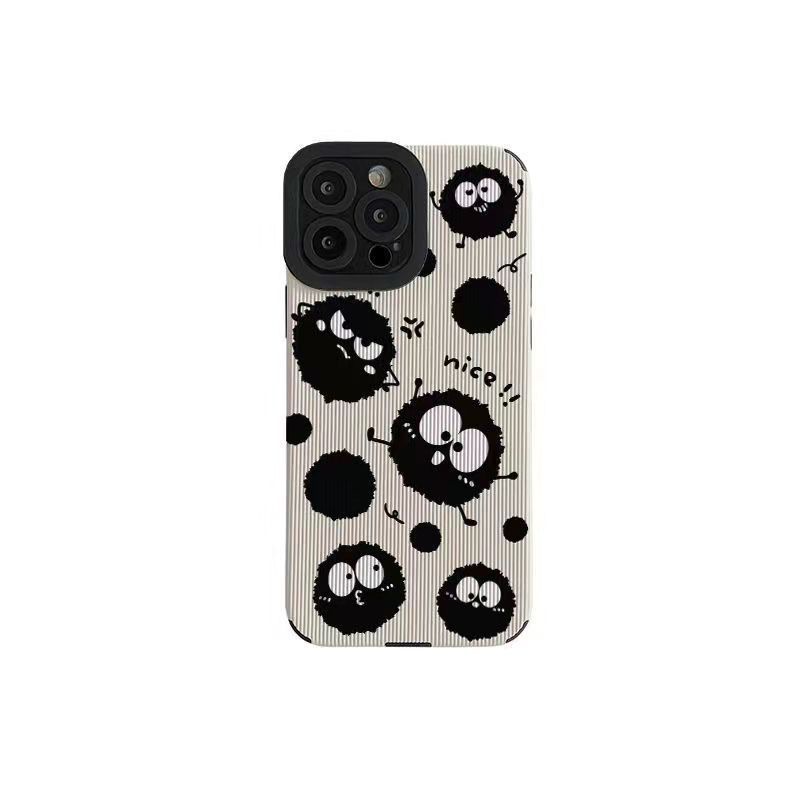 Leather Soft Case for iPhone 7 Plus 8 Plus X XS XR XS Max 11 13 12 14 PRO Max 14 Plus Cute Black coal ball Ins girl