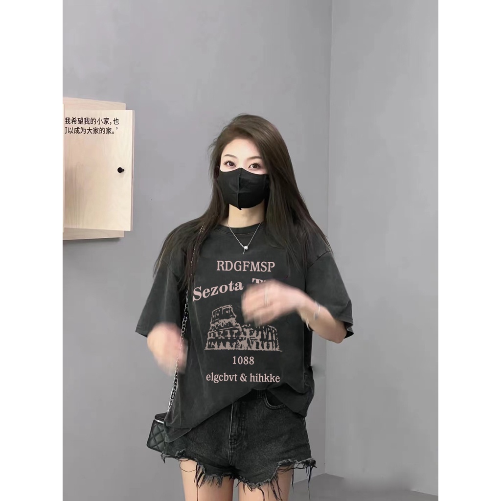 EUNII T-shirt Lengan Pendek Black Washed Retro Architecture Printing Korean Style/Kaos Atasan Wanita/Baju Wanita