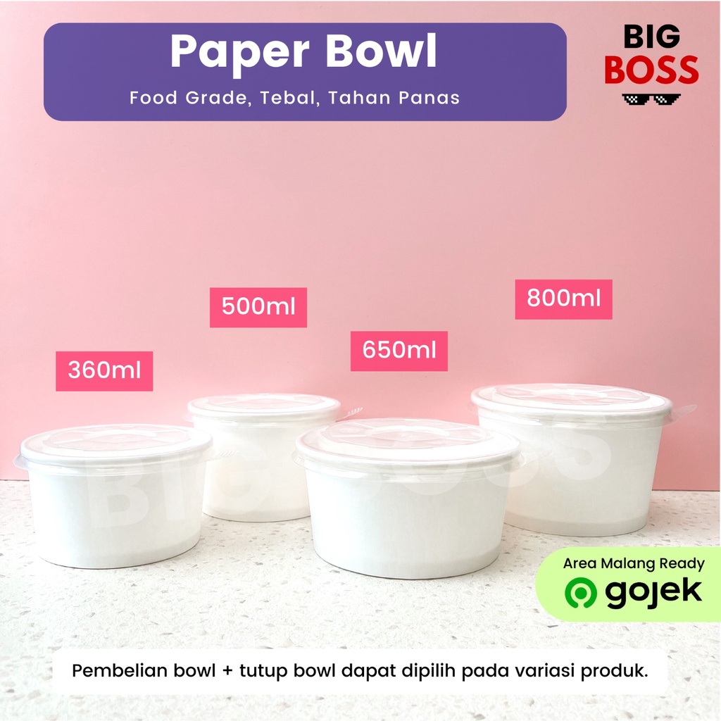 [ISI 25 PCS] Paper Bowl 360ml 500ml 650ml 800ml / Paper Bowl + Tutup / Mangkok Kertas Polos / Mangkok Kertas + Tutup / Paperbowl Polos