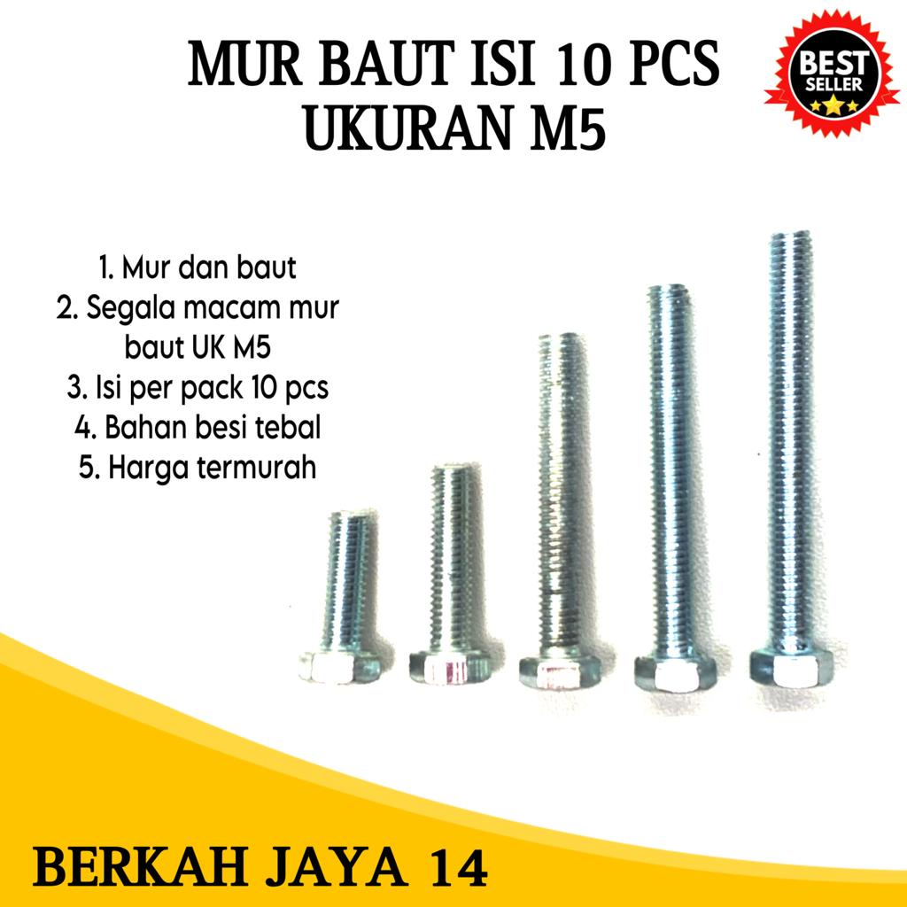 MUR BAUT ISI 10 PCS SEGALA MACAM UKURAN M5 WARNA PUTIH HEXAGON HEX BMK BAHAN BESI TEBAL HARGA MURAH BERKUALITAS