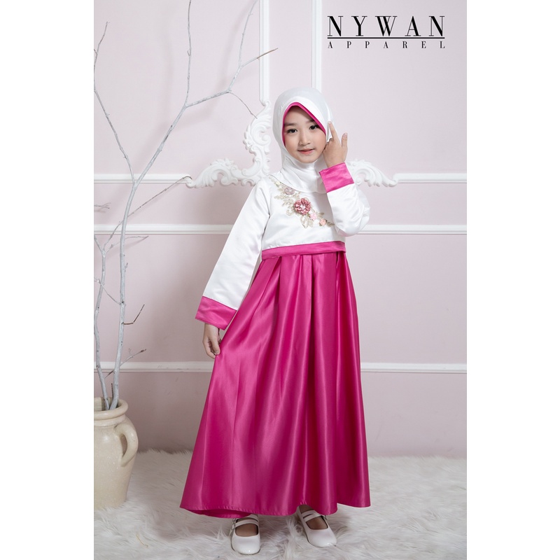 Nywan Apparel baju pakaian Gamis long dress Anak perempuan lebaran 2024 Satin mewah pink, krem, 1,2,3,4,5,6,7,8,9,10,11,12,13,14 Tahun termasuk hijab-3