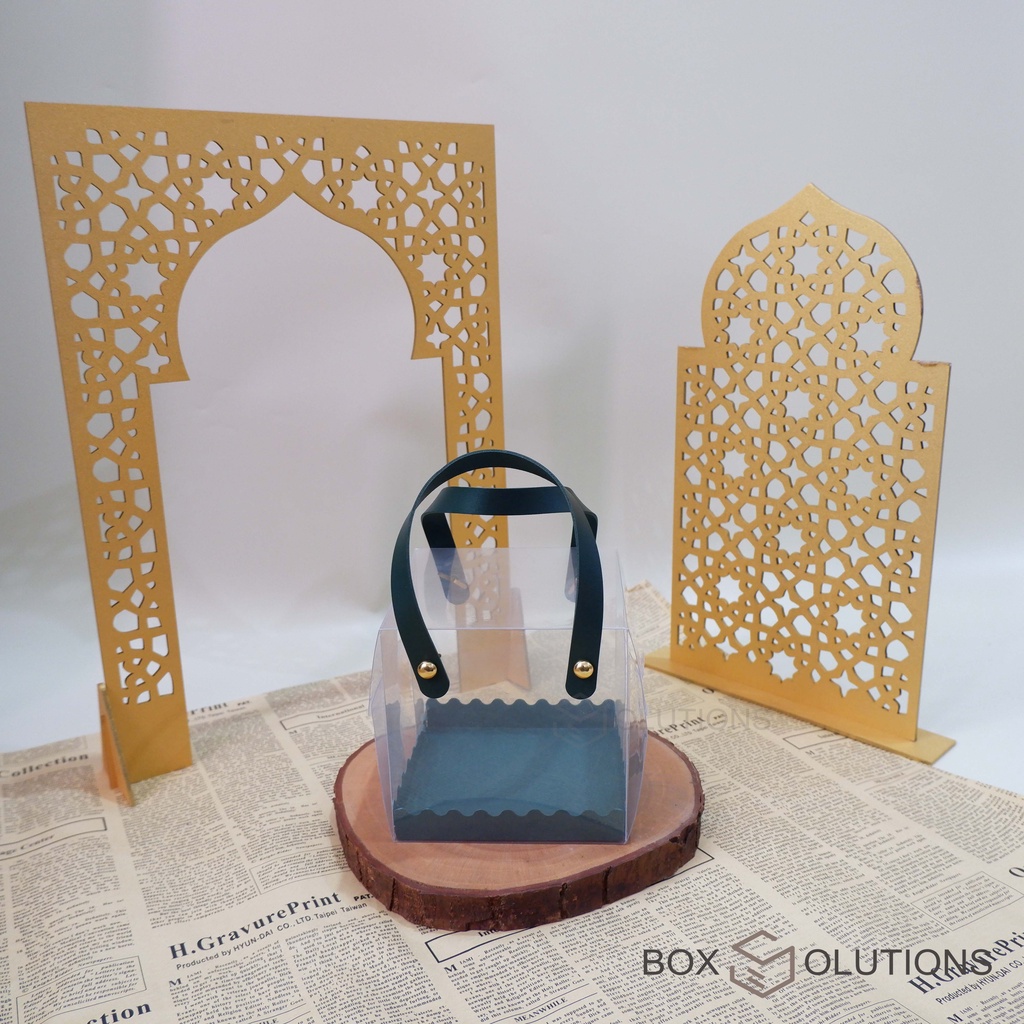 

box mika transparant handle / tali kulit HIJAU/MERAH 12x12x12 cm - 12 x 12 x 12 cm