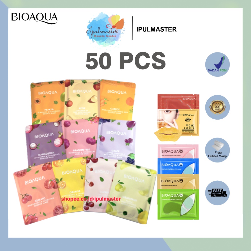 50PCS PAKET USAHA BIOAQUA Sheet Mask Vegetables and Fruits Series Eye Mask Lip Mask BPOM