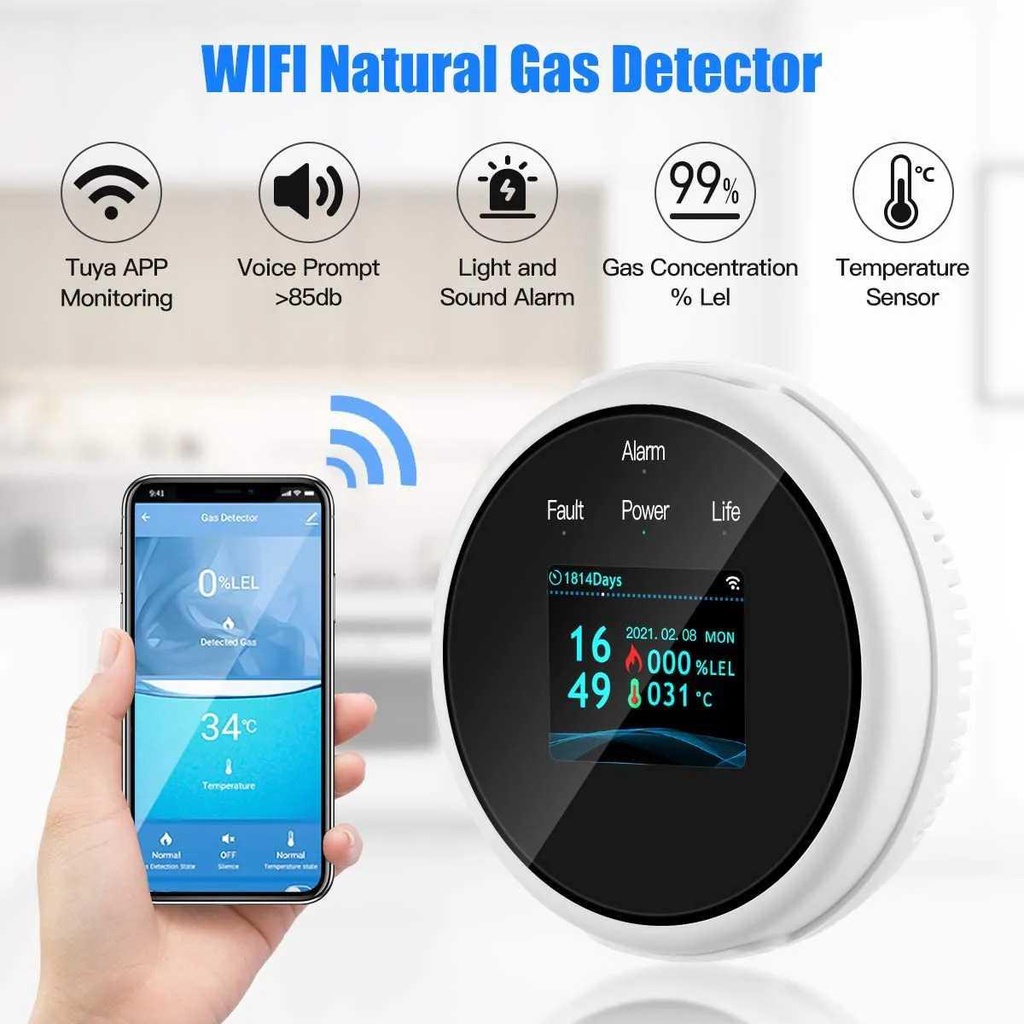 Alat Deteksi Gas Bocor Gas Leak Detector Alarm Wifi LCD Screen - FD200 - White