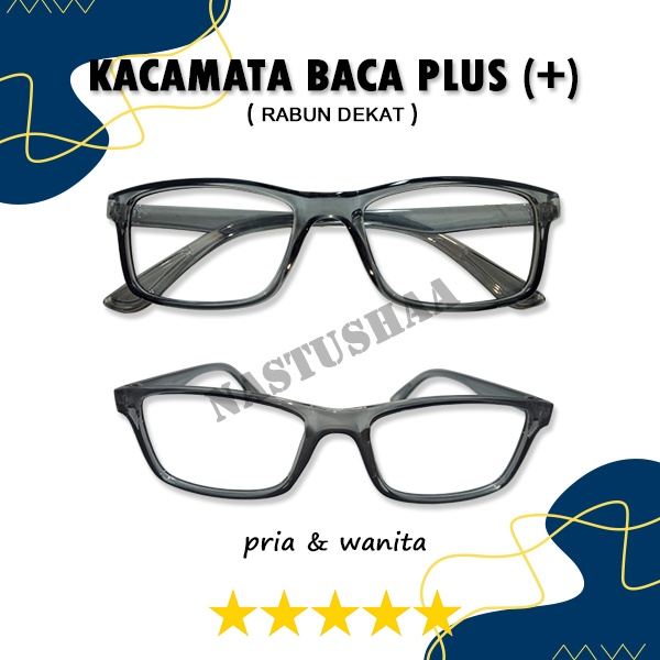 Kacamata Baca Lensa Plus Uk. +1.00 s/d + 3.00 Kacamata Pria/Wanita Bingkai Warna Abu Kotak Reading Glasses NO CASE