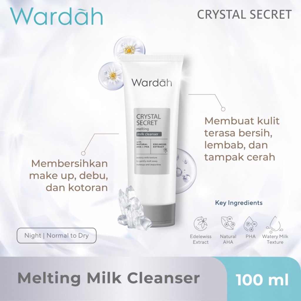 Wardah Crystal Secret Melting Milk Cleanser with Natural AHA+PHA 100 ML | Pembersih Wajah Mencerahkan