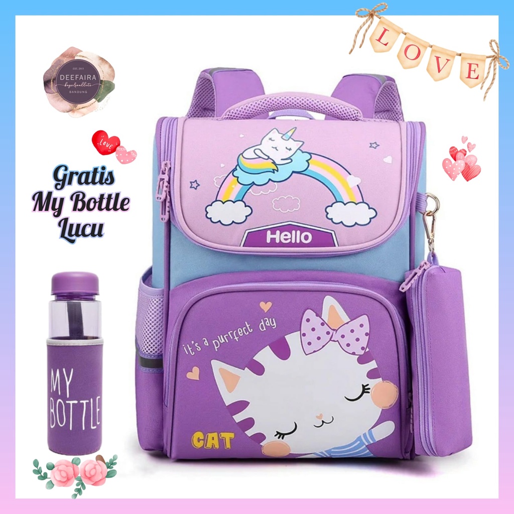 Tas Ransel Sekolah Anak Perempuan Motif C4t Happy Rainbow Gratis Botol  Minum Untuk Tk &amp; Sd