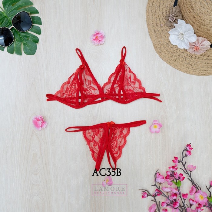 BH CD SEKSI BRA WANITA + STOCKING SEXY + GARTER BELT MERAH AC35B BEST QUALITY 