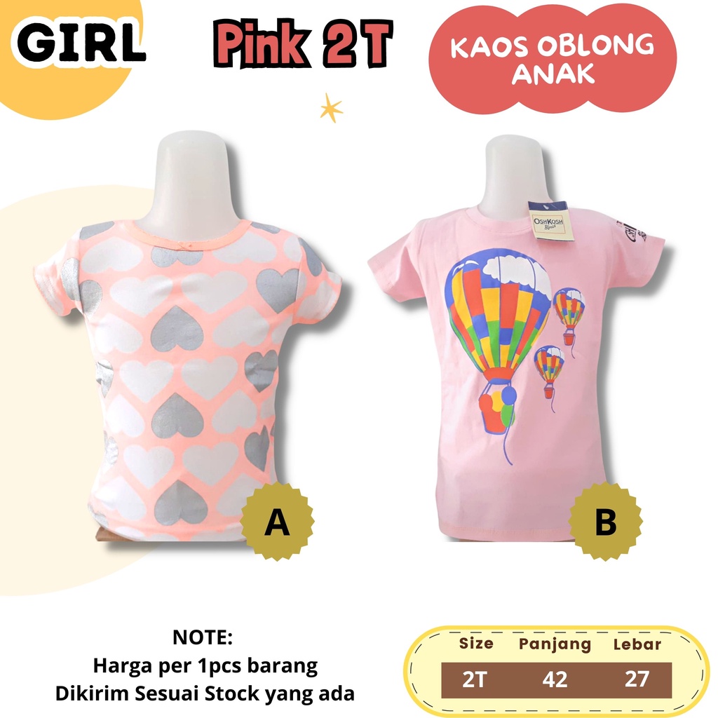 Kaos OBLONG Pendek Anak Cewek Size 1 - 6 T adem pendek cewek perempuan girl katun motif lucu branded
