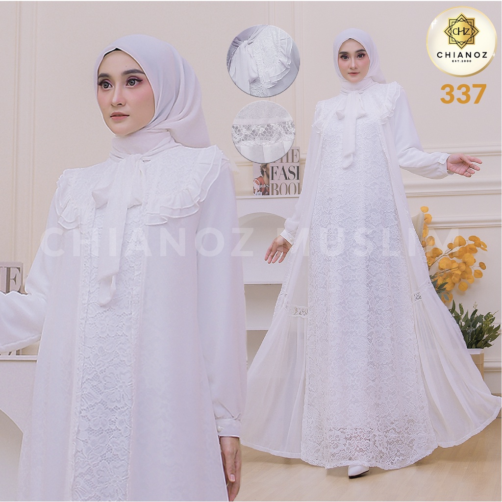 CHIANOZ Gamis Putih Mewah Nadia Dress Brukat Renda Baju Lebaran Umroh Haji Manasik Pesta Akad 337 335