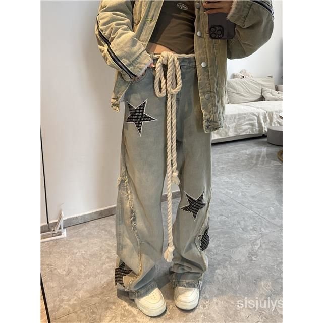 [✅BISA COD] #Sisjuly# Celana Jeans Lurus Bordir Amerika Wanita Berpinggang Tinggi Celana Kaki Lebar