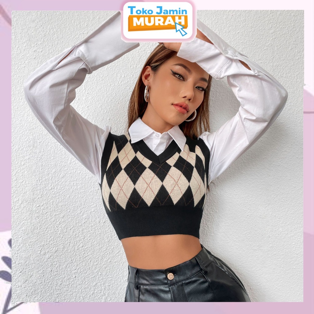 TJM  BJ373 Rompi Rajut Wanita Korean Style Fashion Retro Kotak-kotak V-Neck Crop Top