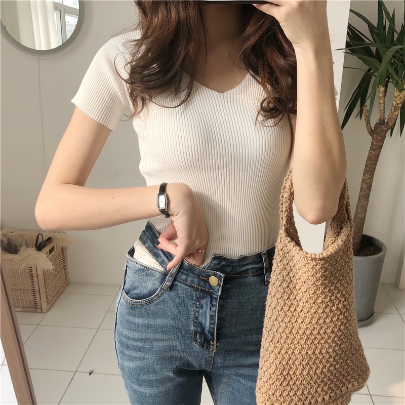 EUNII Kaos Rajut Lengan Pendek Knit T-shirt Wanita V neck Basic Color Korean Style Atasan