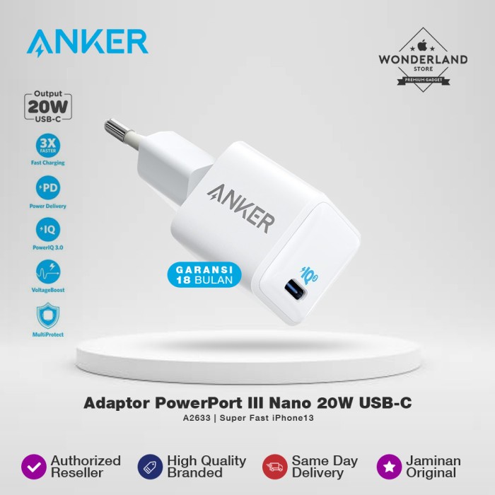 Anker Adaptor PowerPort III Nano 20W USB-C Super Fast iPhone13 - A2633 - Wonderland Store Malang