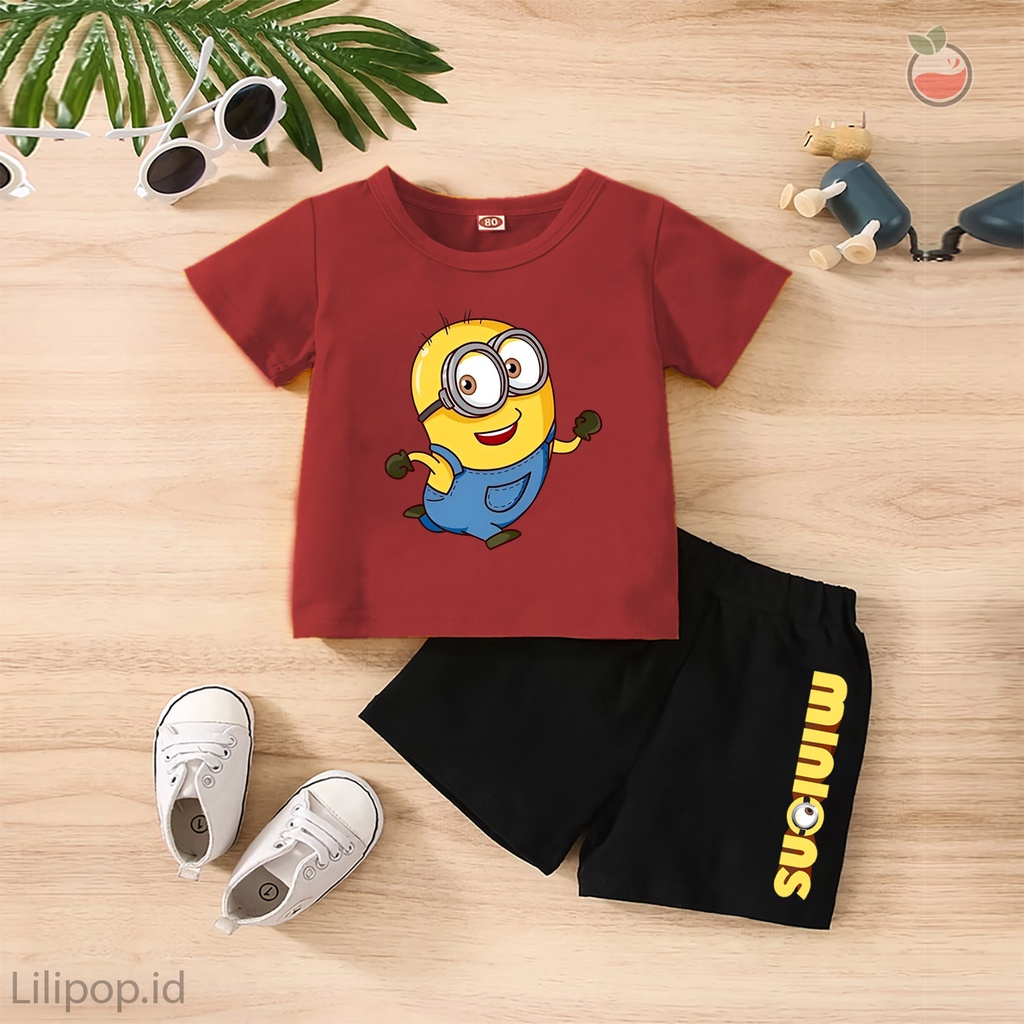 Baju Anak Stelan Kaos 3/4 MINION Cowok Cewek  Usia 1 - 4 Tahun Celana Pendek Harian