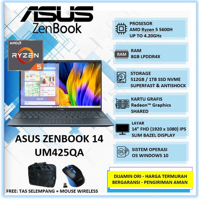 Laptop Slim Asus Zenbook 14 UM425QA Amd Ryzen 5 5600H Ram 8GB SSD 1TB 14" FHD Windows 10 Home