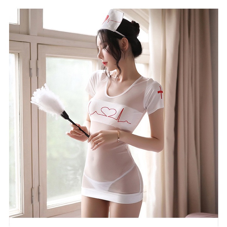 Lingerie Sexy hot Mini Dress Perawat Cosplay Seragam Seksi Transaran 3A375