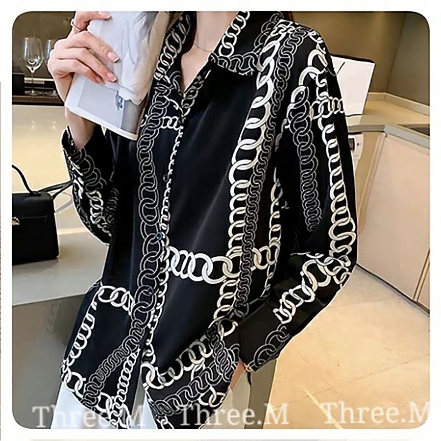 Korean Style Kemeja Motif Big Chain SP3 5517 Bahan Twistcone / Atasan lengan Panjang Wanita Kekinian