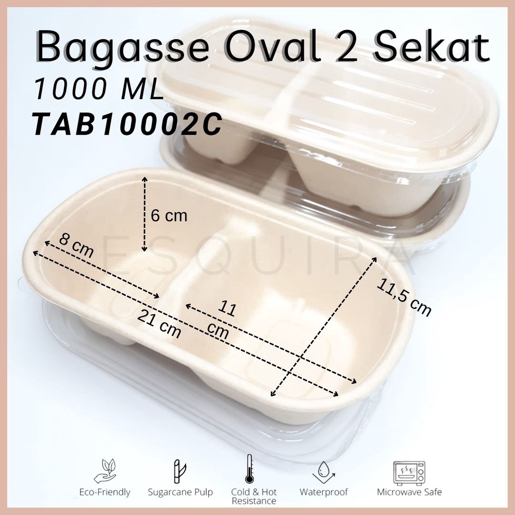 2 Compartement Oval Sugarcane Bagasse 1000 ML / Lunch Box 10 Pcs + Lid / TAB10002C