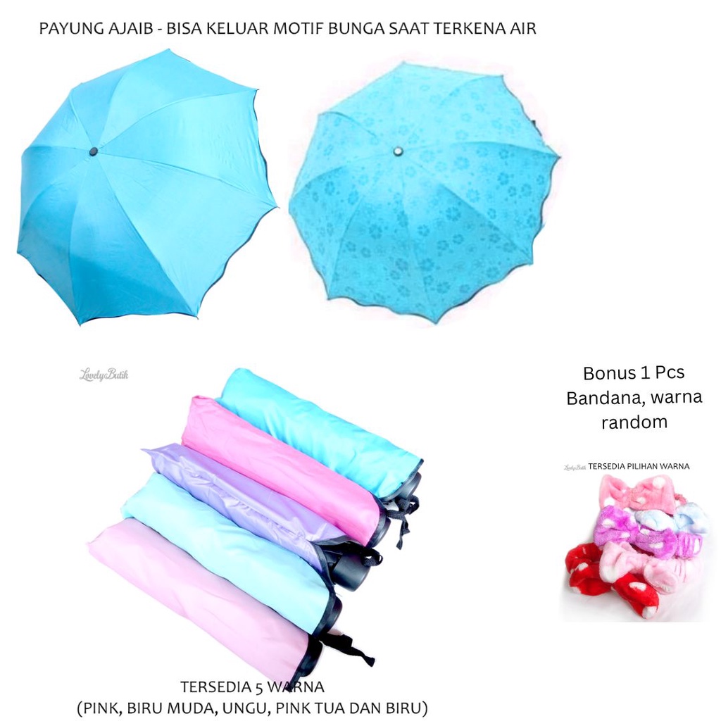Payung Lipat 3D Magic Tebal Kuat Motif Bunga Saat Basah Multiwarna Bonus 1 Bandana - Lovelybutik