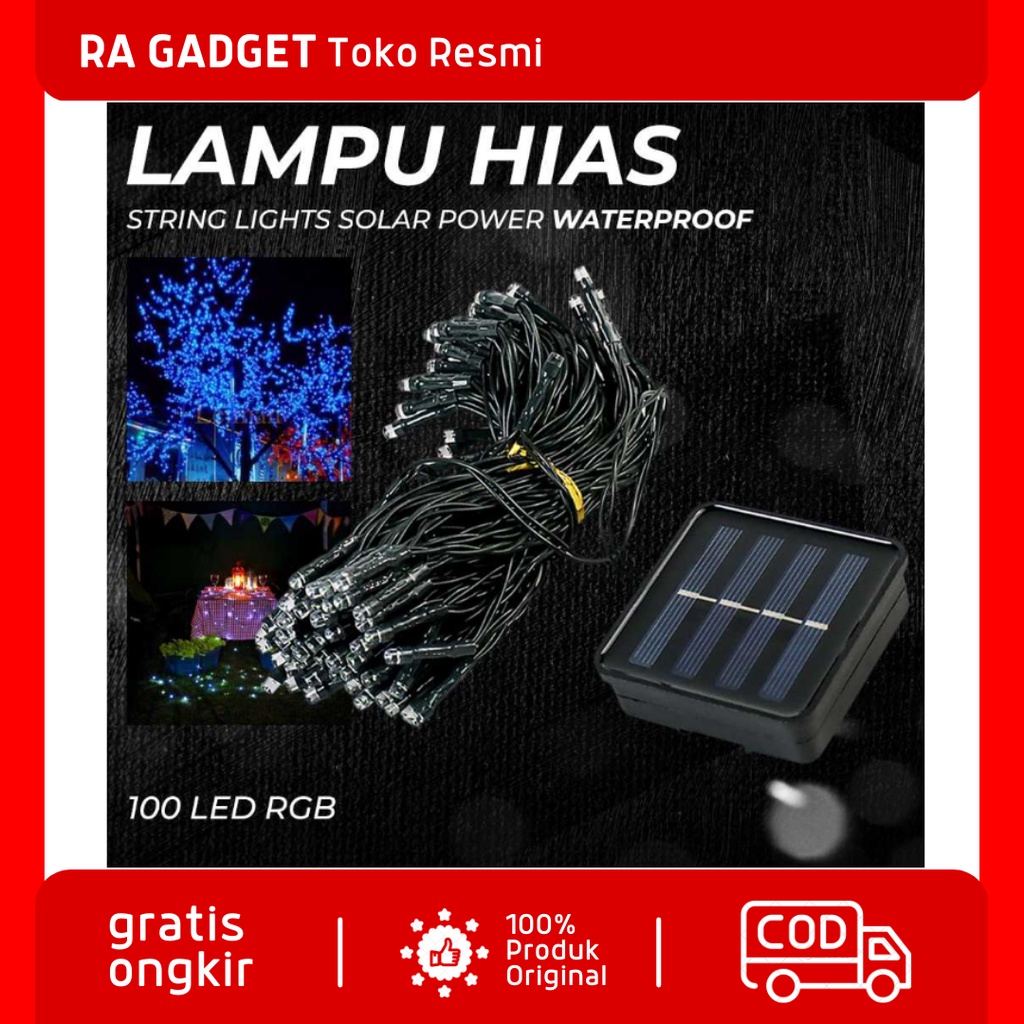 Lampu Hias String Lights Solar Cell Power Panel Surya Tenaga Matahari Waterproof 100 LED RGB / Lampu