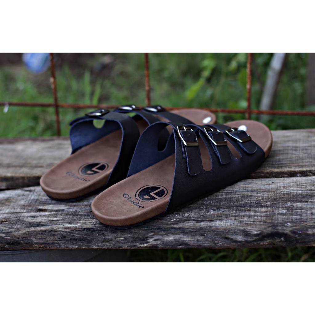 Fatimahshoes Sandal Slide kulit Kasual Santai Fashion Pria Tan Hitam Coklat