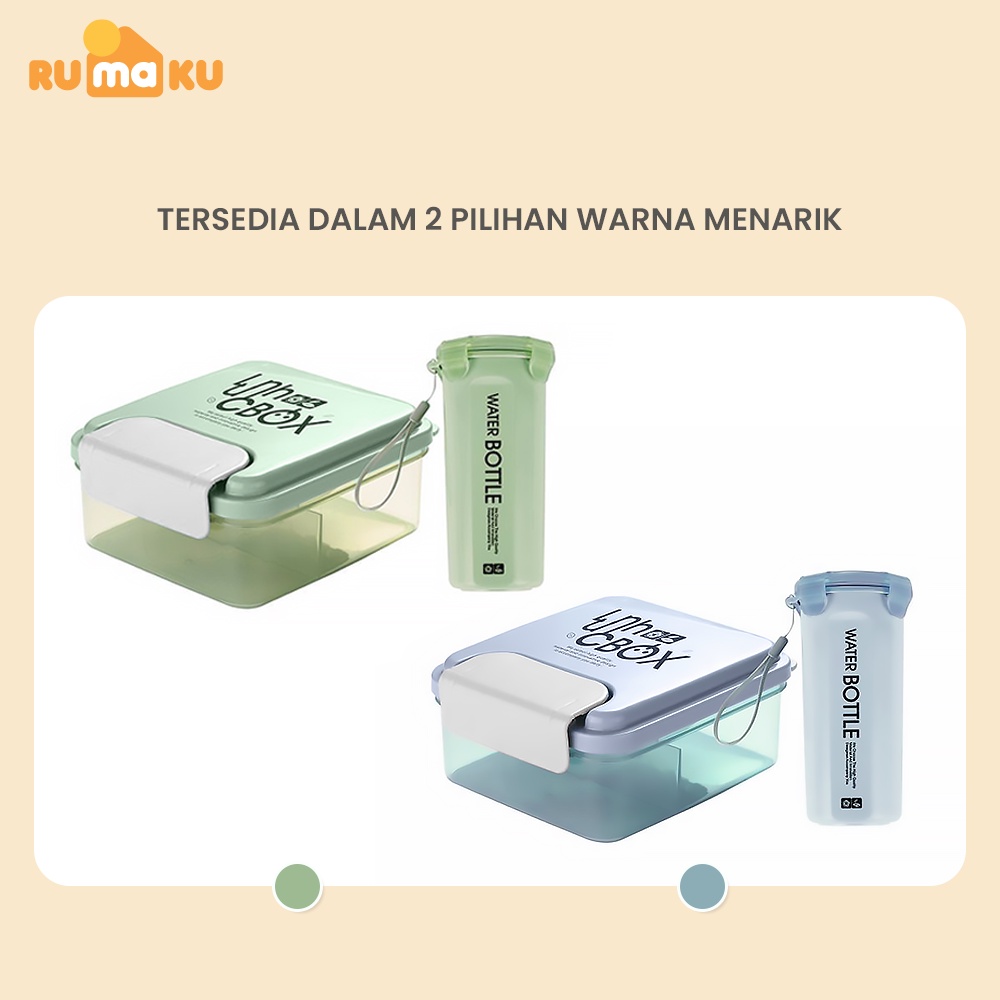 Rumaku Kotak Makan Anti Tumpah Lunchbox Set Kotak Makan Bekal 2 grid dan Botol Minum 1000ml/500ml Free Sendok