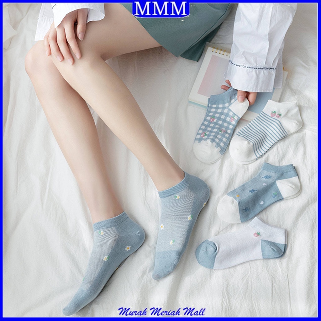 MMM Kaos Kaki Wanita Pendek Strawberry 6581 Kaos Kaki Motif Buah Garis Kotak Unisex Semata Mata Kaki Ankle Karakter Biru Socks Korean Model Simple Cute