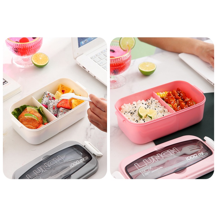 AMORA Kotak Makan / Lunch Box Anti Tumpah Free Sendok Garpu 2 Skat 1000ML 9016 BPA Free