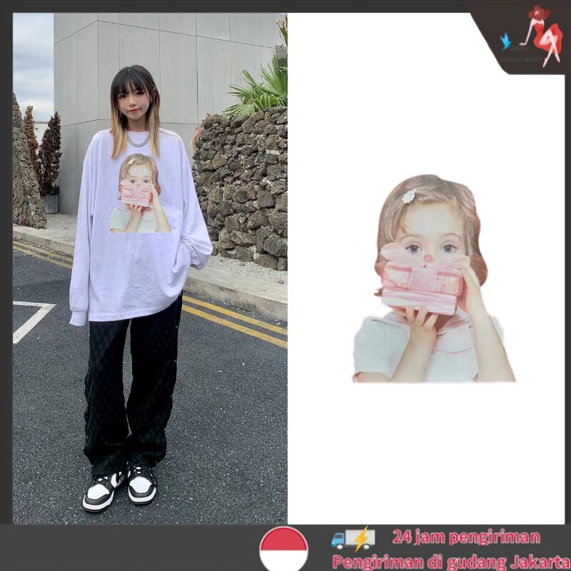 Gadis Print Kaos Wanita Lengan Panjang Oversize Casual Top