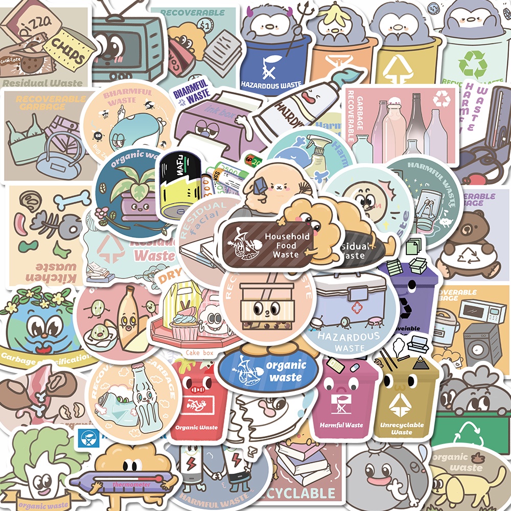 50pcs garbage classification funny cartoon stickers exquisite notebook computer decorative waterproof stickers