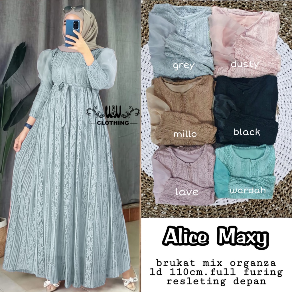 Dress Muslim Alice Maxy Brukat Mix Organza Ful Furing Kondangan Gamis Muslimah Remaja Polos Baju Lebaran Hari Raya Dres Brokat Terbaru Gaun Pesta Resepsi Alice Dress Warna Sage Green Wardah Dusty Teracota Marun Navy Lave Hitam