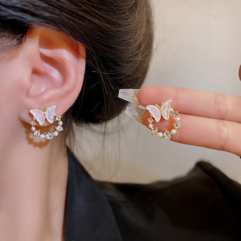 Super Cute925 Perak Jarum Gradien Kupu-Kupu Anting Perempuan ins Fashion Mutiara Telinga Studs