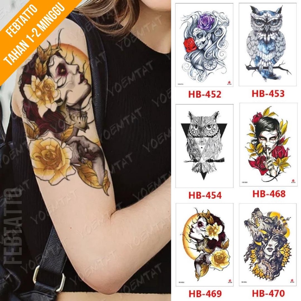 Tato Temporer Ukuran 21cmx15cm Motif Aesthetic Tatto Temporary Stiker Tato Halal Grosir Tato air motif perempuan, burung hantu, bunga, serigala HB 469