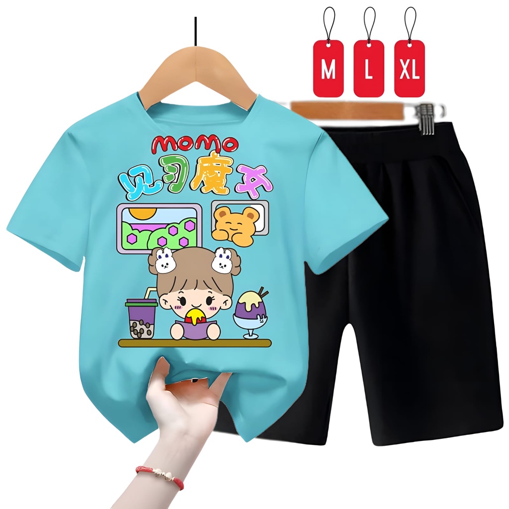 Hzl_outfit Baju Setelan Kaos Anak Perempuan Momo Trend/ Size M,L,XL