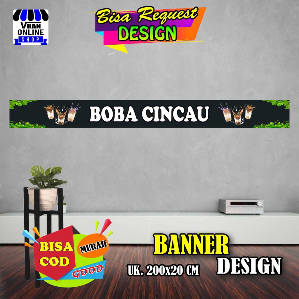 Cetak Spanduk Banner Jualan Boba Cincau, Minuman Viral, Model Atap Gerobak