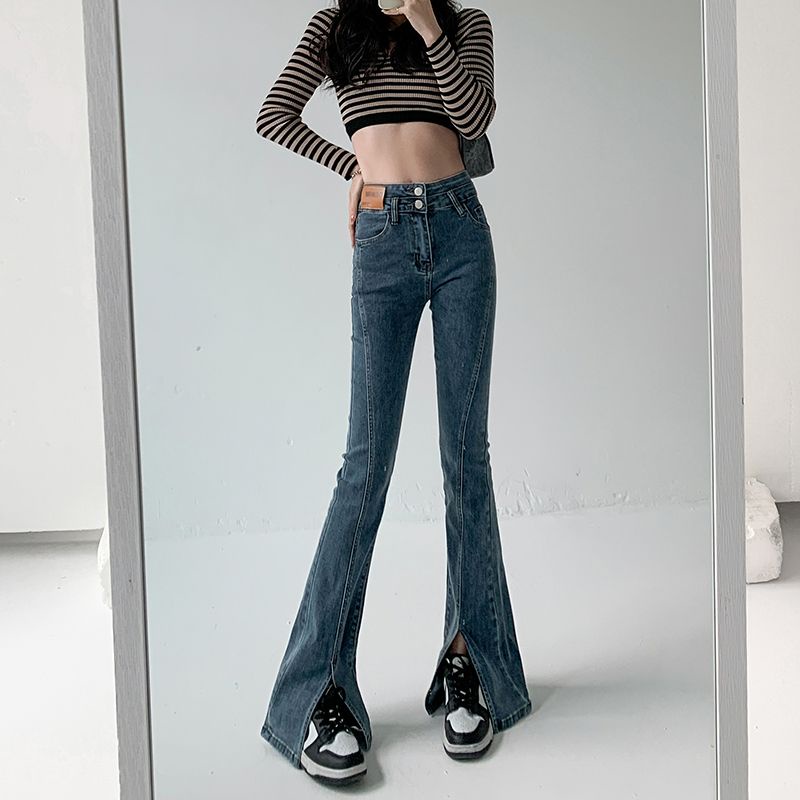 Red Celana Jeans Wanita Lebar Pinggang Tinggi Celah Sedikit Berkobar Musim Semi 2023 Baru Elastis Tipis Lebar Kaki Mengepel Celana Berkobar Tide