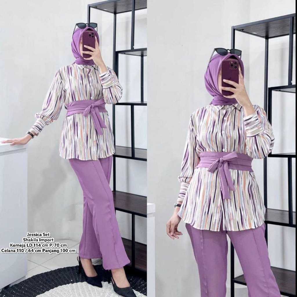 Jessica Set - One Set Wanita Kemeja Shakila Import Setelan Wanita Celana Kulot Lengan Panjang Set Baju Kekinian  LD 115 cm