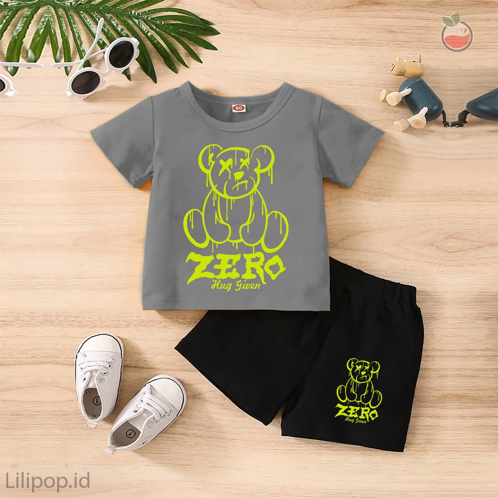 Baju Anak Stelan Kaos 3/4  ZERO Cowok Cewek  Usia 1 - 4 Tahun Celana Pendek Harian