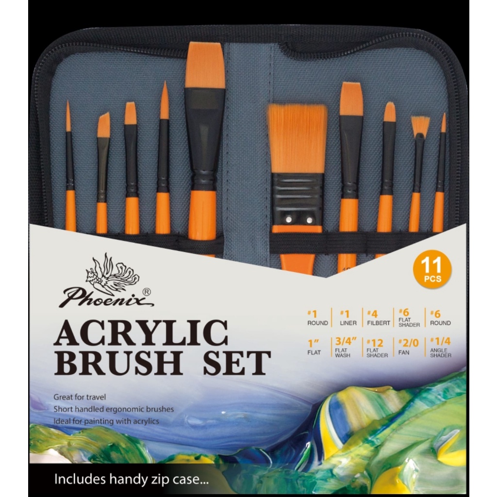 

kuas set acrilic sisi 11pcs (10 kuas 1 pouch) phoenix acrilic brush set