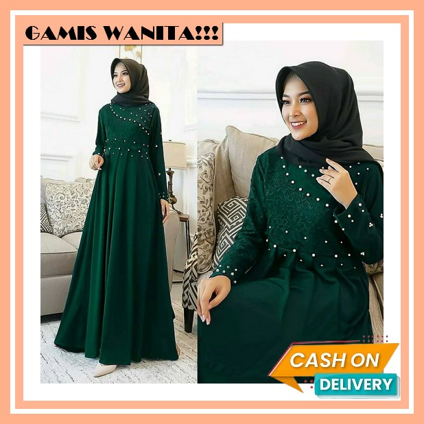 Gamis Payet Mutiara Impor Terbaru / Ans Dress Jumbo Ceruty Babydoll Aplikasi Swaroski Mutiara Tali P