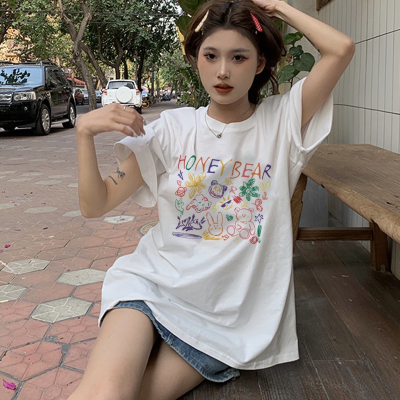 Print T-shirt Kaos Lengan Pendek Cartoon Honey Bear Baju Wanita Oversize Korean Style