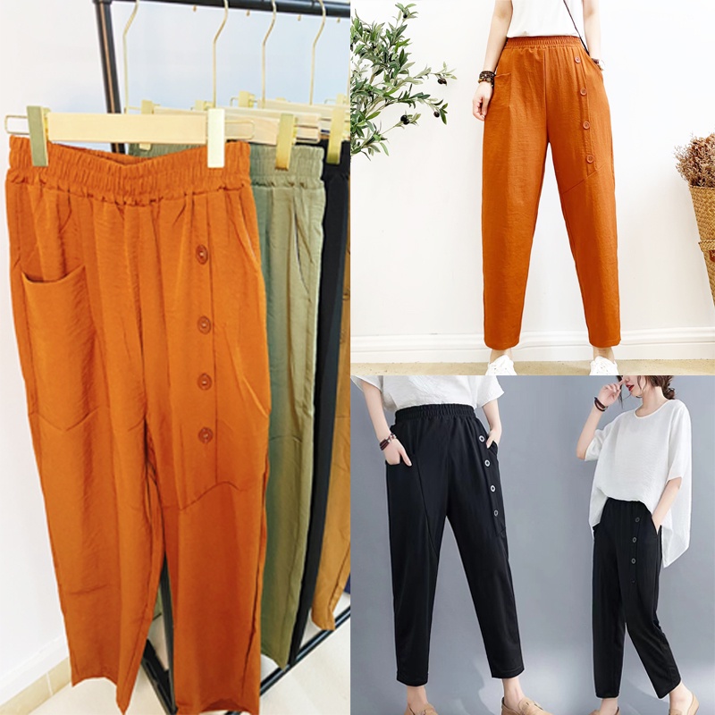 Stok bersih! Impor Unik Katun Celana Dipotong Wanita Celana Kasual Pinggang Tinggi Cropped Trousers Pants