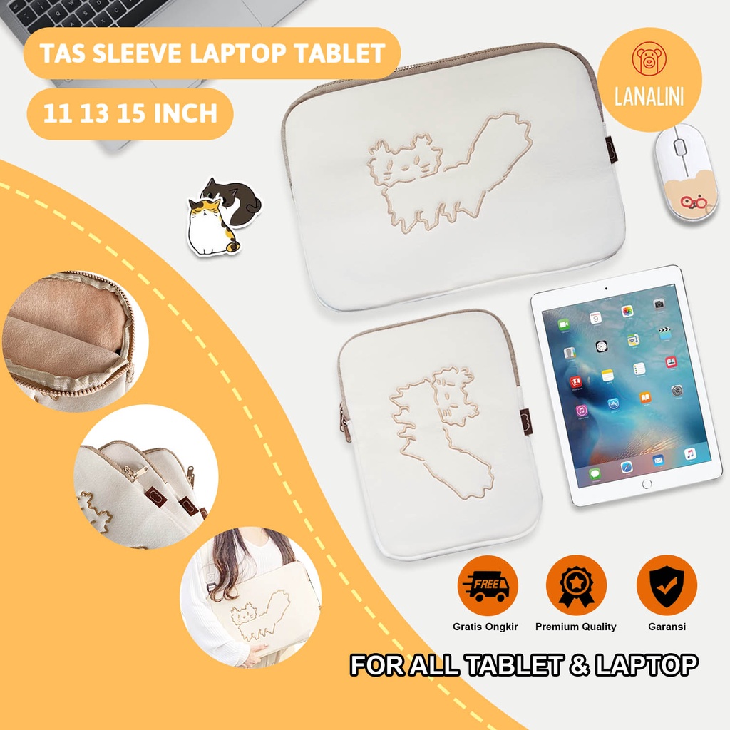 Sleeve Pouch Sarung Tas Bag Case Ipad Tab Tablet Macbook Air Pro Laptop Asus Acer Lenovo HP Huawei 11 12 13 14 15 inch Motif Gambar Kucing Cat Warna Putih Lucu Cute Murah Korean Model