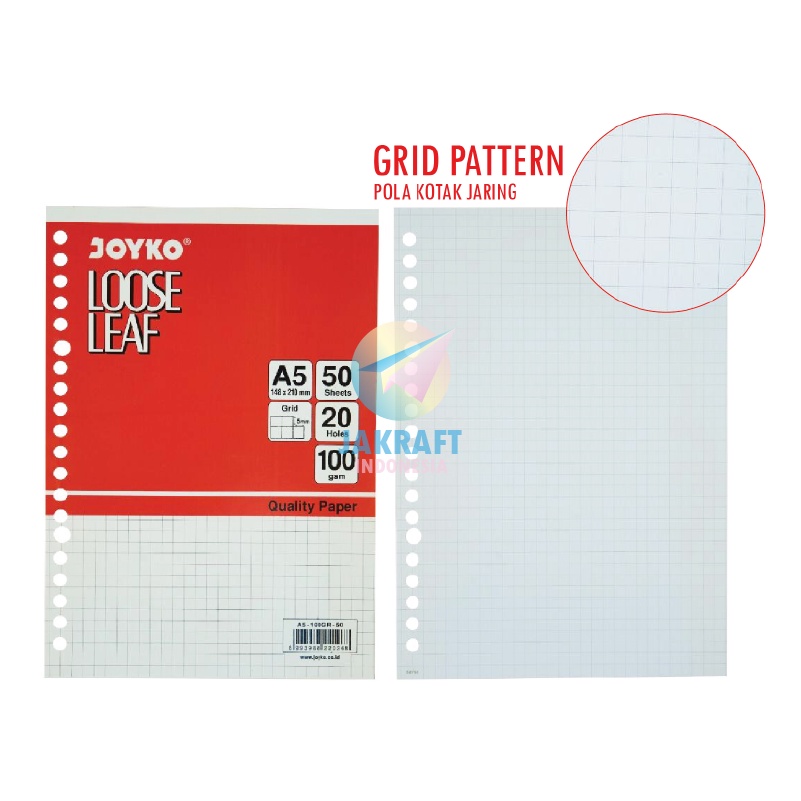 

(50 Pcs) Kertas Binder Note Loose Leaf A5 Putih Grid Jaring Kotak Kecil JOYKO 20 Lubang Ring Rings