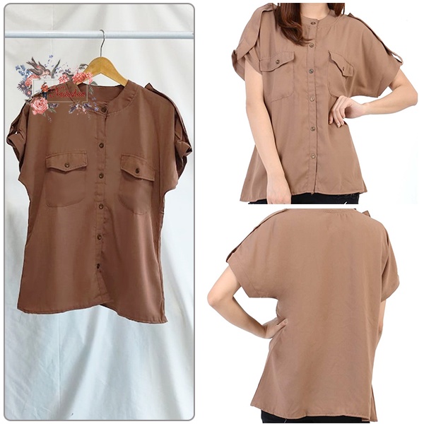 Blouse Wanita Full Kancing Depan Busui Friendly Lengan Pendek Warna Polos Fashion Casual Shirt Cewek Depan Kantong Hidup Korean Style