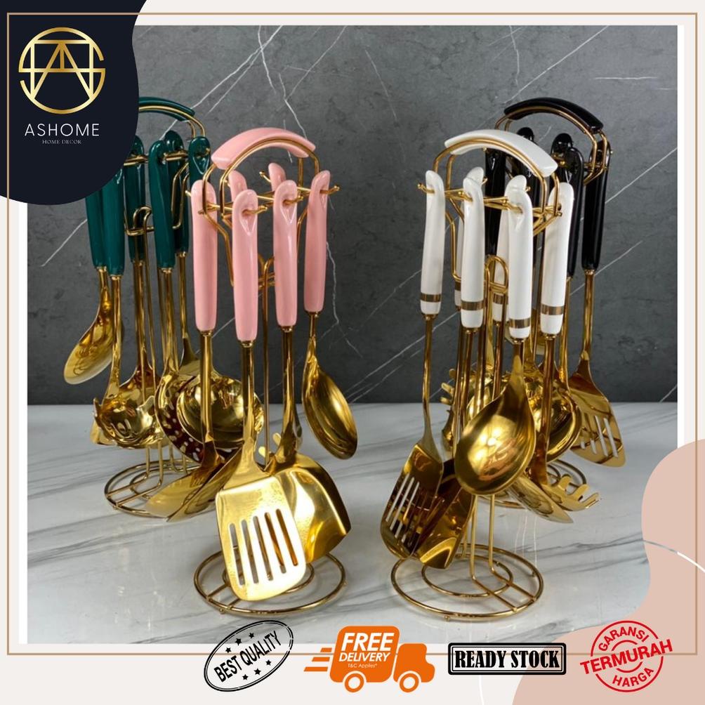 PERALATAN MASAK LENGKAP 6 SET IN 1 EMAS ELEGAN MEWAH/ SPATULA CENTONG SOUP LENGKAP DENGAN RACK .