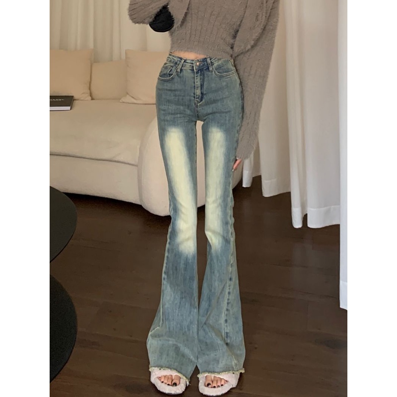 Red Tepi mentah sedikit berkobar jeans wanita baru biru retro mengepel celana pinggang tinggi slim fit lebar kaki celana melebar