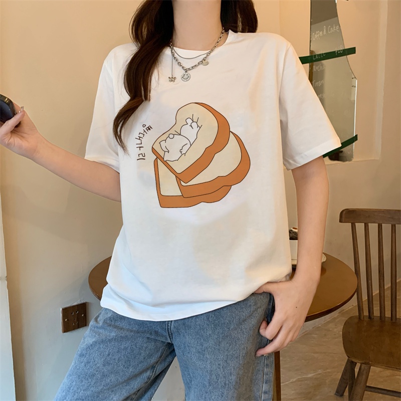 XIAOZHAINV Kaos Atasan Wanita Bunny Pressed Bread Pattern Lengan Pendek A0385